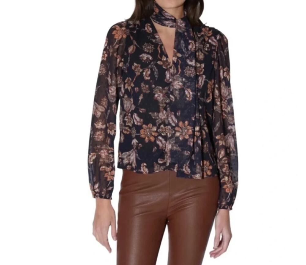 WALTER BAKER Selena Black Floral chiffon Tie Neck Button down Blouse Medium